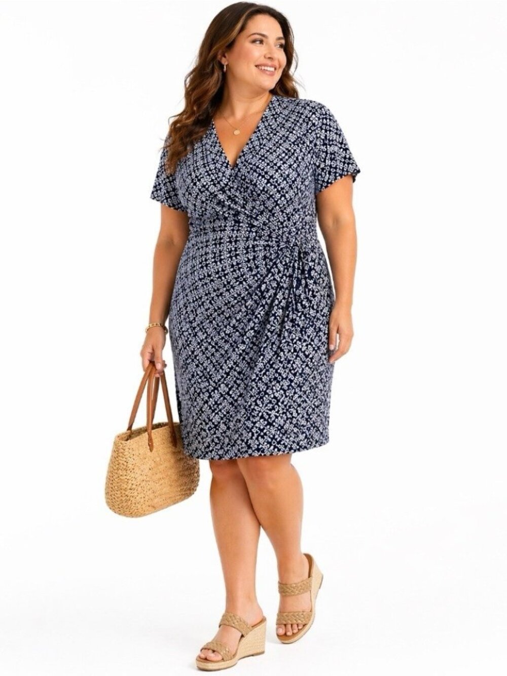 Lands End Faux Wrap Dress XL 18 Business casual vacation geo floral